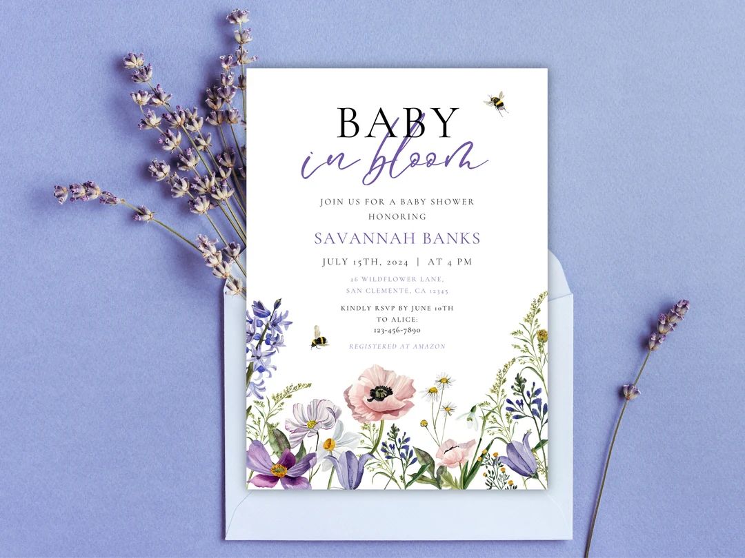 Baby in Bloom Invitation, Wildflowers Baby Shower Invitation, Purple Pink Flower Invitation, Wild... | Etsy (US)