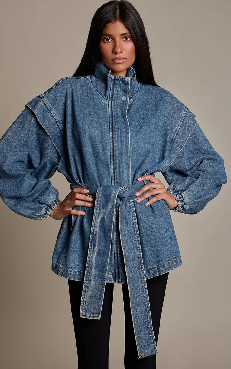 Dark Blue Vintage Wash Funnel Neck Belted Denim Jacket | PrettyLittleThing US