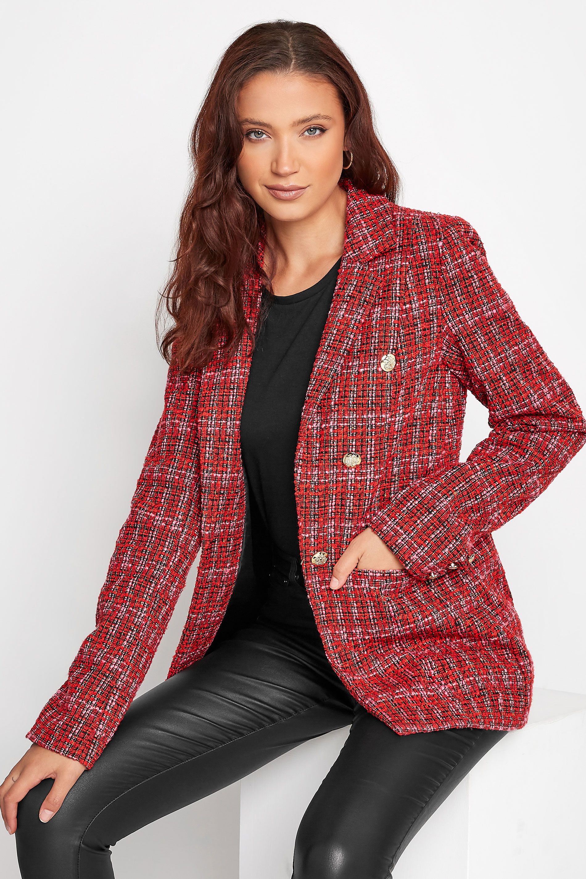 LTS Tall Red & Pink Check Boucle Blazer | Long Tall Sally