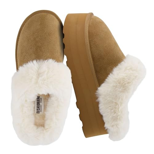 CUSHIONAIRE Husky Women’s Platform Slippers | Genuine Suede, Faux Fur Lining, Memory Foam, Wide Widths | Fuzzy Platform Slippers for Women | CHESTNUT 6.5W | Amazon (US)