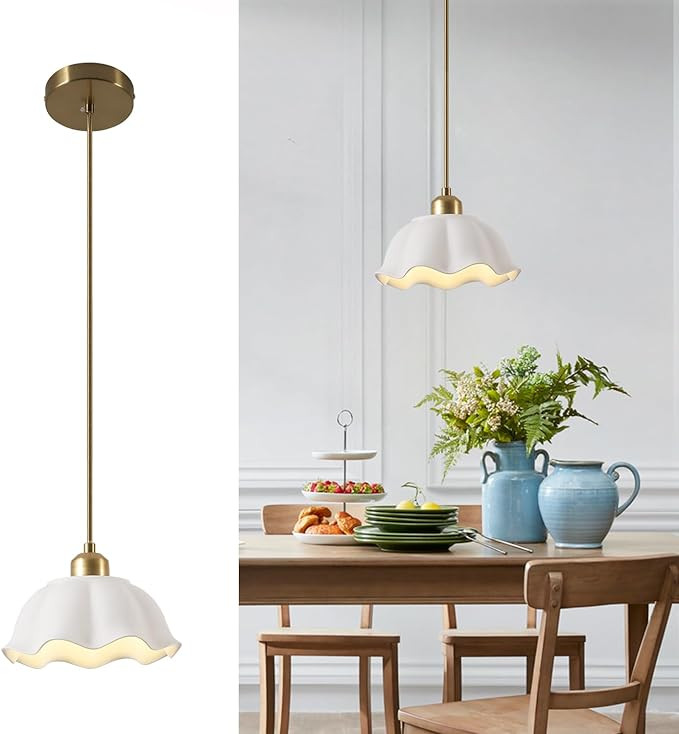 Ceramic Pendant Light Nordic Vintage Mid Century Modern Hanging Lamp White Wave Ceramic Shade Bra... | Amazon (US)