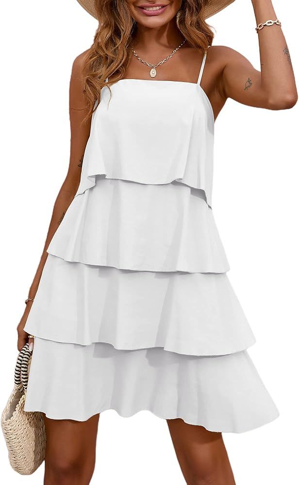 Okiwam Women's Summer Casual Boho Spaghetti Strap Sleeveless Short Dress Ruffle Tiered A Line Flo... | Amazon (US)