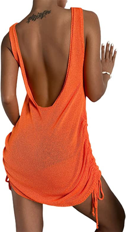MakeMeChic Women's Sleeveless Drawstring Side Backless Cover Up Beach Dress | Amazon (US)