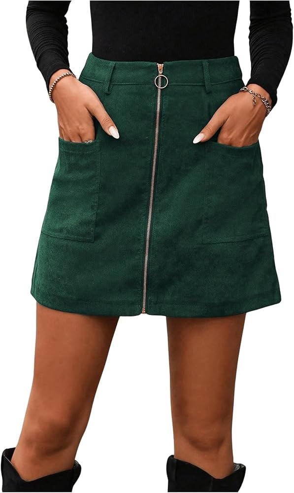 WDIRARA Women's Zip Up A-Line Skirt High Waisted Corduroy Skirt with Pocket | Amazon (US)