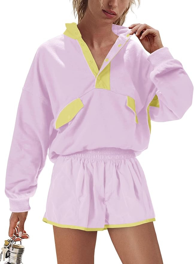 LAMISSCHE Work out Sets Gym for Women Sweatsuits 2 Piece Set Long Sleeve Top & Shorts Active Wear... | Amazon (US)