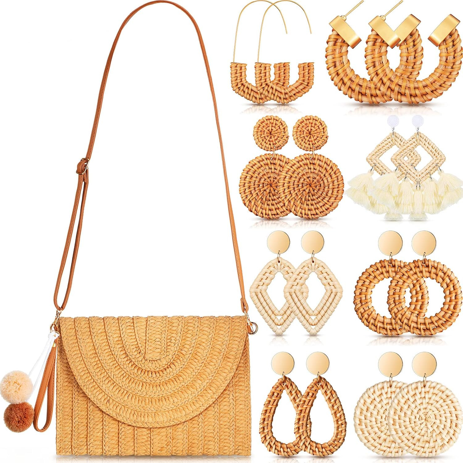 9 Pcs Straw Bag Earrings Set, Straw Shoulder Crossbody Bag for Women Lightweight Geometric Dangle Ea | Amazon (US)