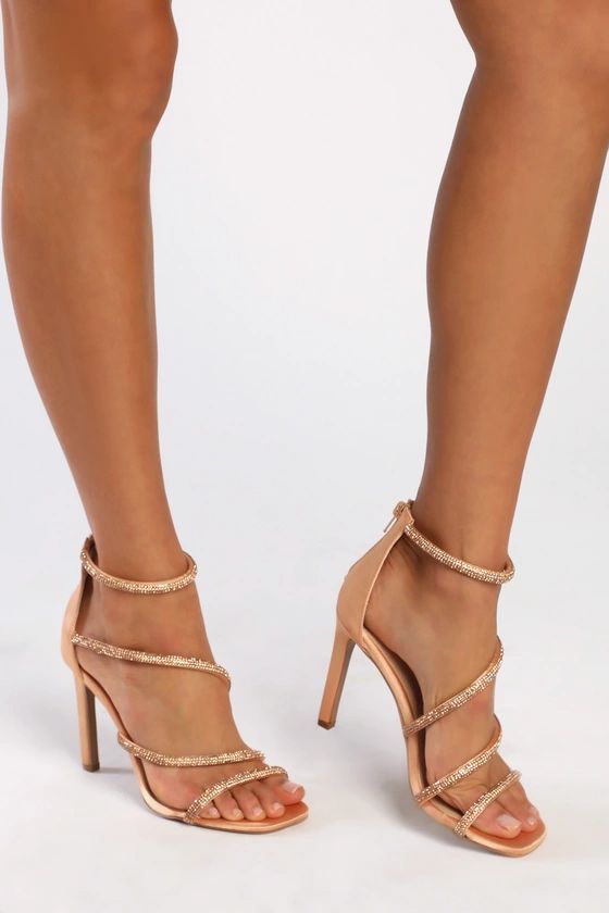 Hartley Rose Gold Satin Rhinestone Ankle Strap High Heel Sandals | Lulus (US)