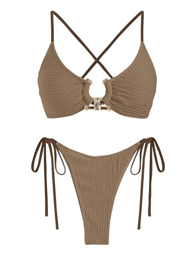 ZAFUL Womens Sexy Brazilian Bikini 2 Piece High Cut Thong Tie Back String Swimsuit Sexy Two Piece Bathing Suit Coffee L | Amazon (US)