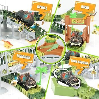 174 PCS Flexible Dinosaur Train Tracks and Race Cars Playset with 8 Dinosaurs Figures, Electric V... | Amazon (US)