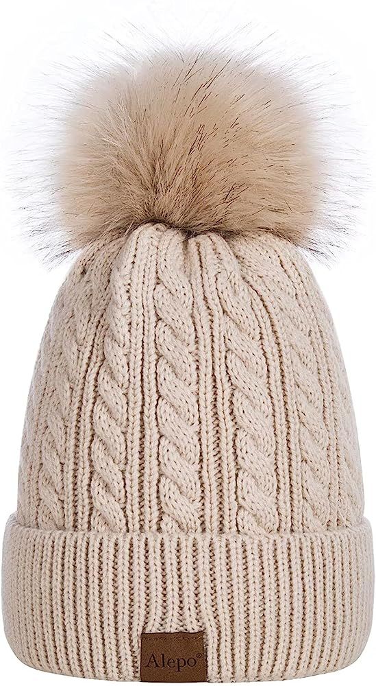 Alepo Womens Winter Beanie Hat, Warm Fleece Lined Knitted Soft Ski Cuff Cap with Pom Pom(Beige) | Amazon (US)