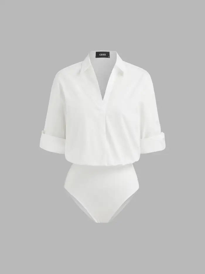 100% Cotton Collar Roll-up Sleeve Shirt Bodysuit | Cider