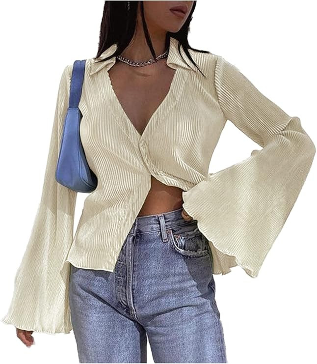 LYANER Women's Deep V Neck Button Front Bell Long Sleeve Blouse Shirt Top | Amazon (US)