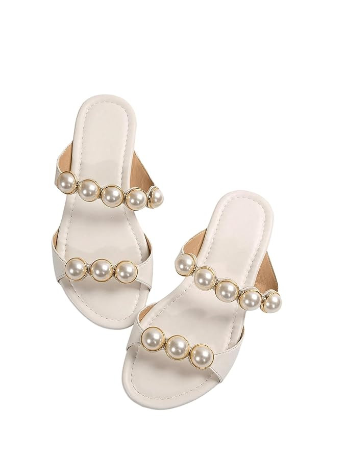 GORGLITTER Women's Pearls Flat Sandals Wedding Open Toe Beach Slide Sandals Dressy Vacation Shoes... | Amazon (US)