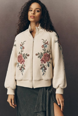 By Anthropologie Embroidered Bomber Cardigan Sweater | Anthropologie (US)