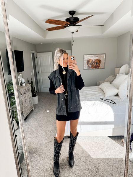 size down half size in boots + wearing a size XS in dress but i need a small for length! vest in a size small (super oversized) + belt in a small. linking similar options too! 

western fashion // western outfit inspo 

#LTKSeasonal #LTKstyletip #LTKshoecrush
