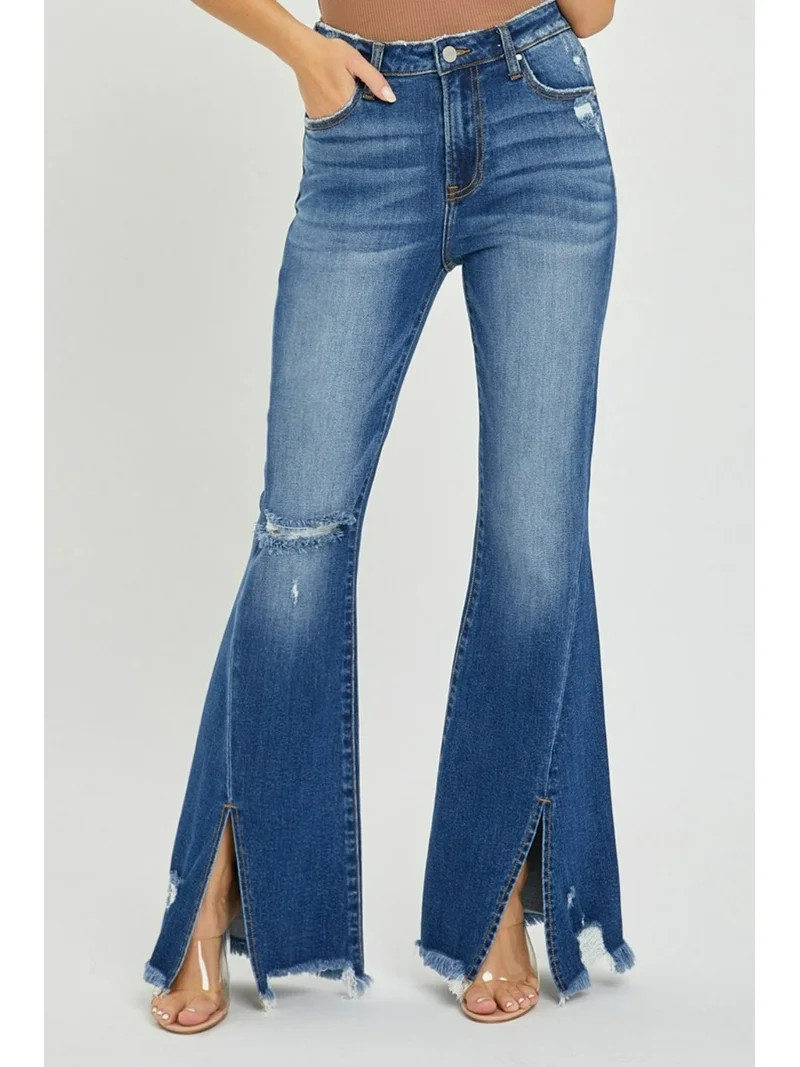 RISEN Full Size High Rise Front Slit Frayed Hem Flare Jeans | Walmart (US)