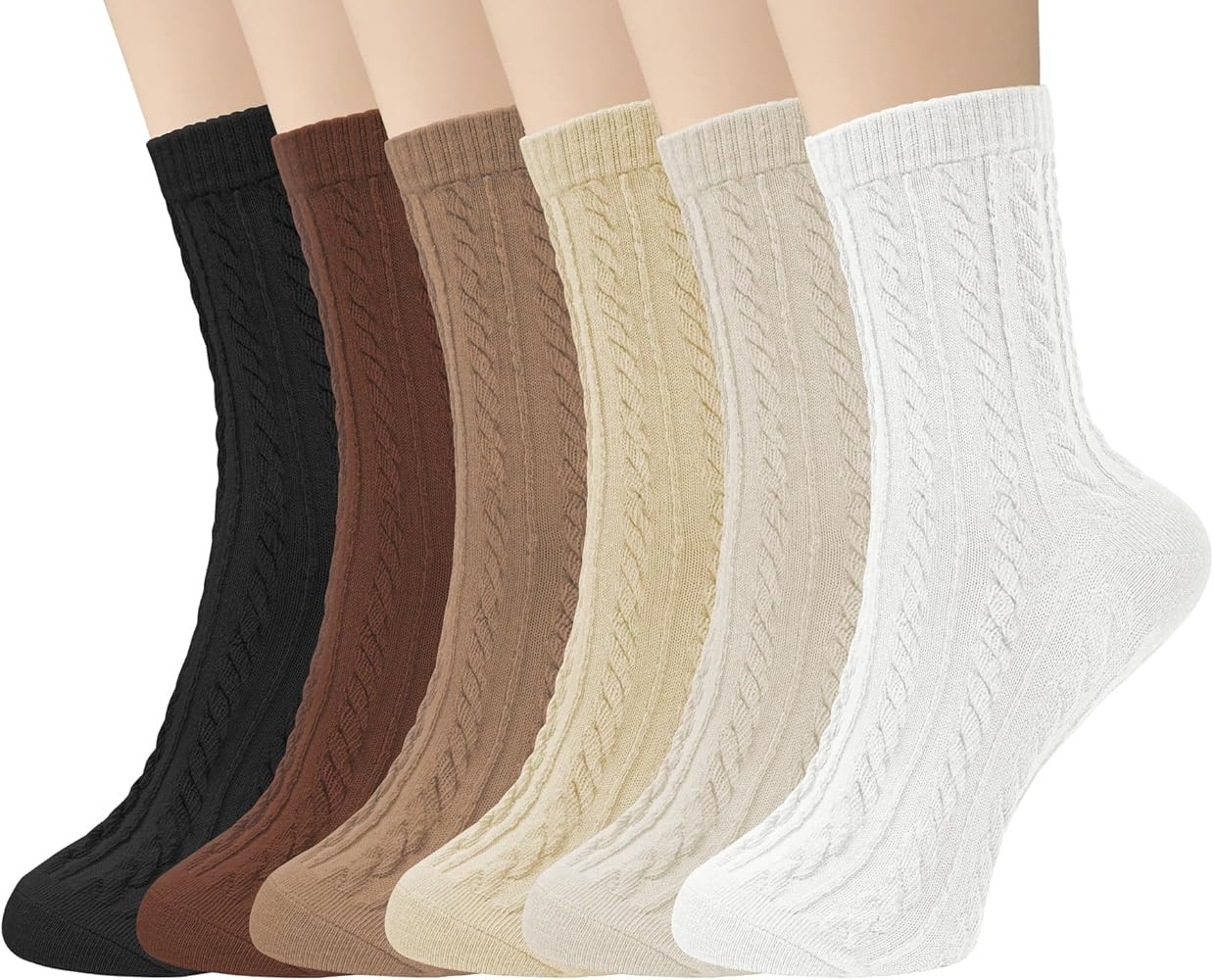 6 Pairs Womens Crew Socks, Retro Casual Knit Socks Soft Cotton Socks for Women | Amazon (US)