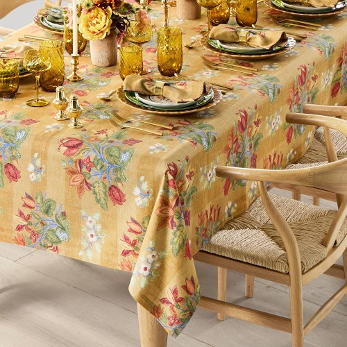Harvest Floral Stripe Tablecloth, 70""x108"", Stripe Gold | Williams-Sonoma