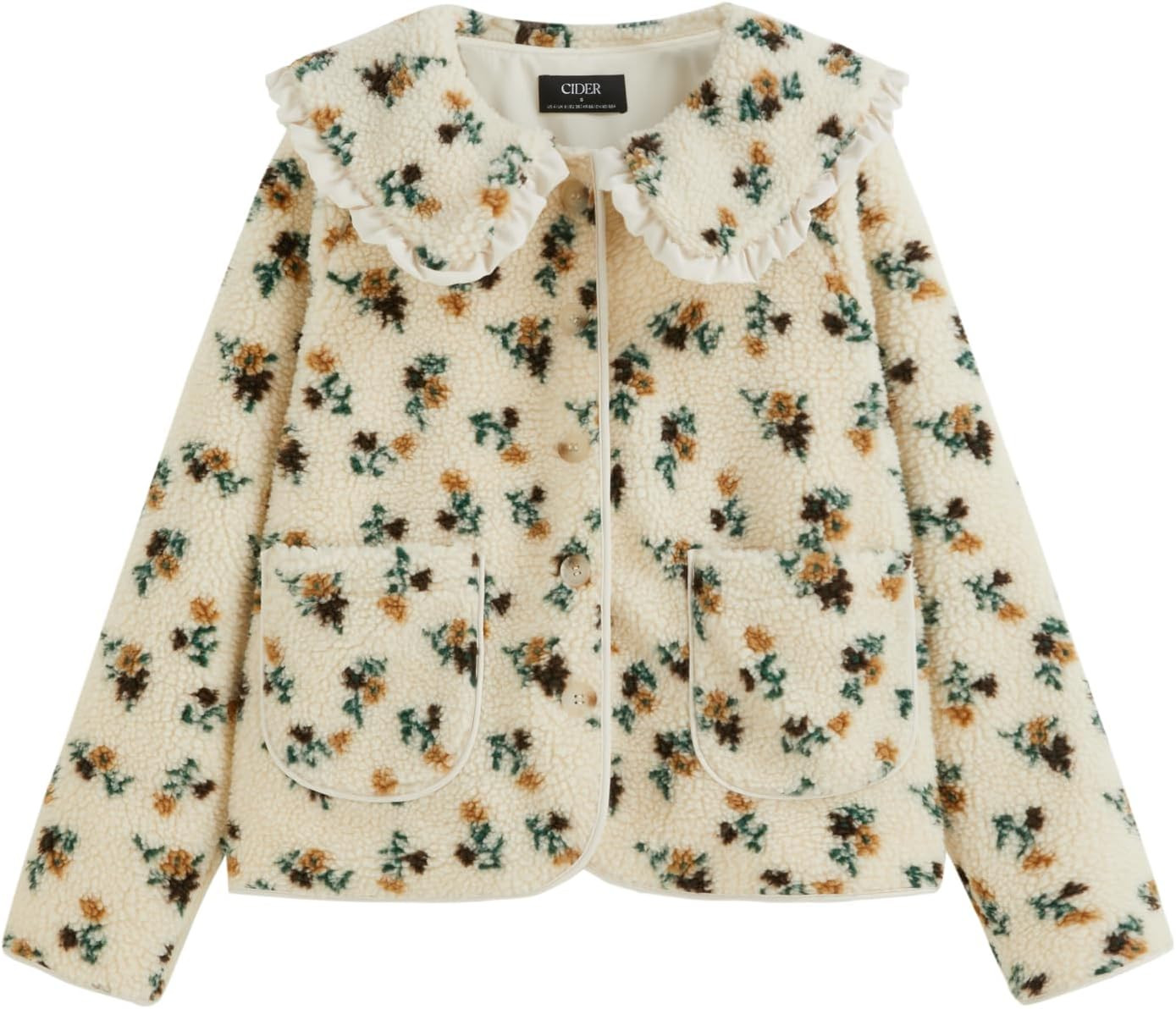 CIDER Fleece Jacket Women Floral Print Ruffled Collar Coat | Amazon (US)