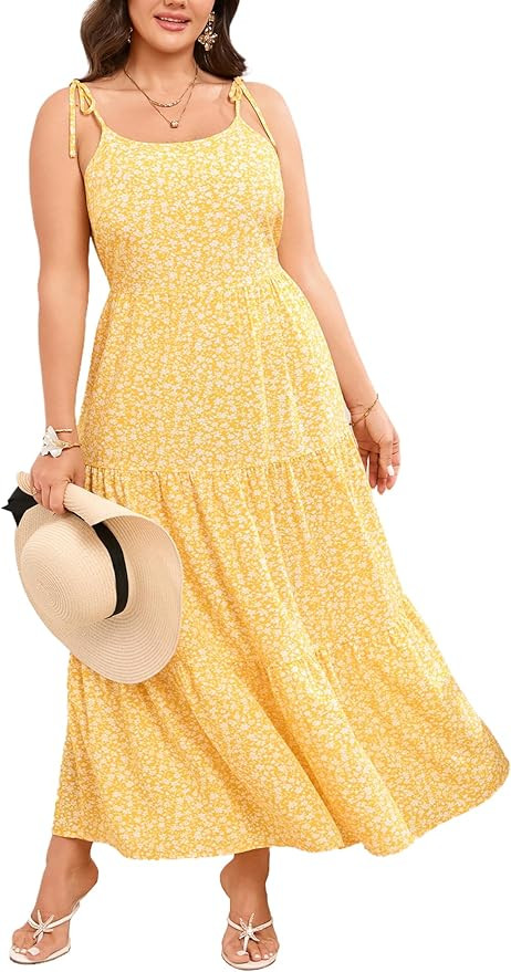 Yesfashion Plus Size Tiered Maxi Sundresses for Women Beach Vacation Boho Flared Floral Summer Dr... | Amazon (US)