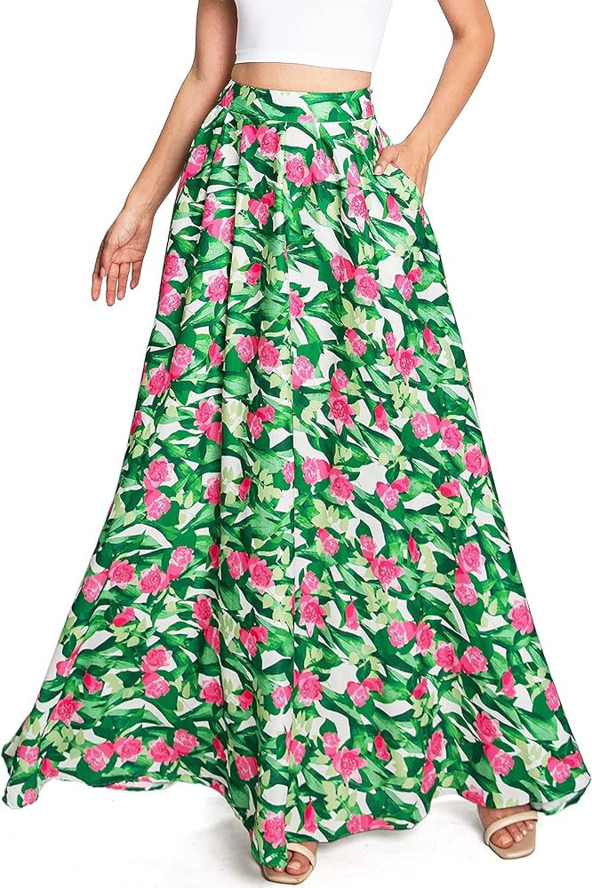 Flying Tomato Women's Juniors Elegant Satin Floral Long Maxi Skirt | Amazon (US)