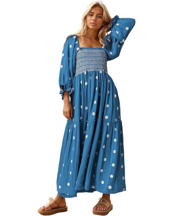 R.Vivimos Women's Long Sleeve Cotton Boho Midi Dress Vintage Square Neck Floral Embroidered Tiere... | Amazon (US)