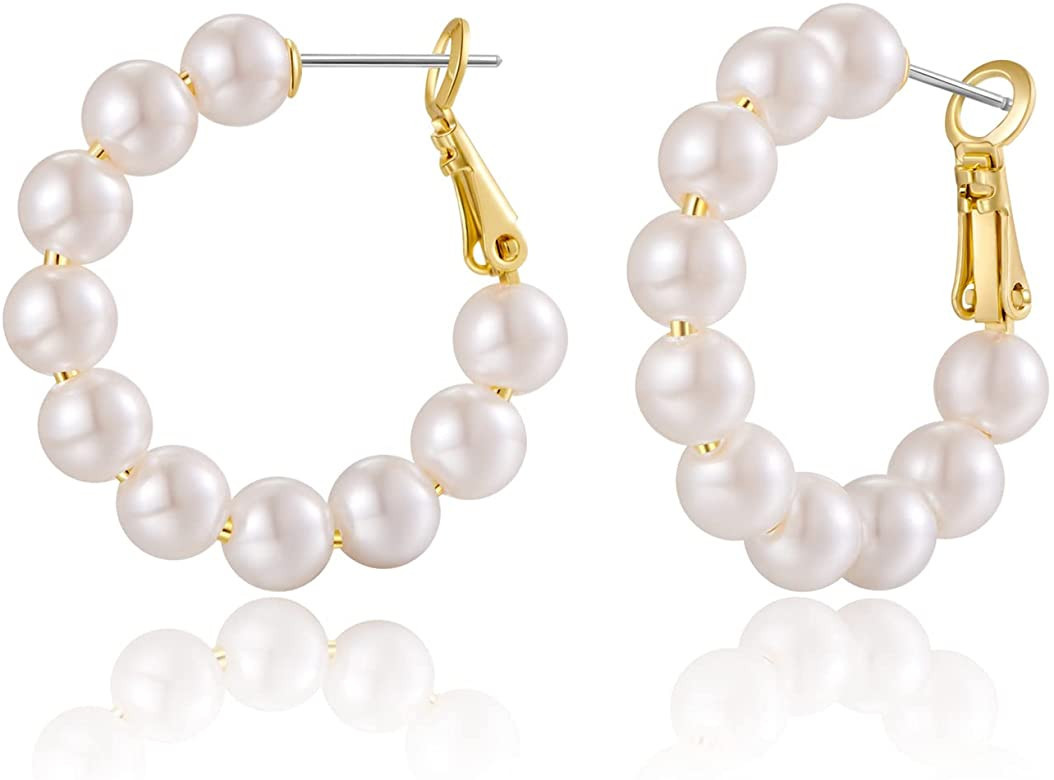 LILIE&WHITE Pearl Earrings For Women Hypoallergenic Earring Small Pearl Hoop Earrings Ivory Pearl... | Amazon (US)