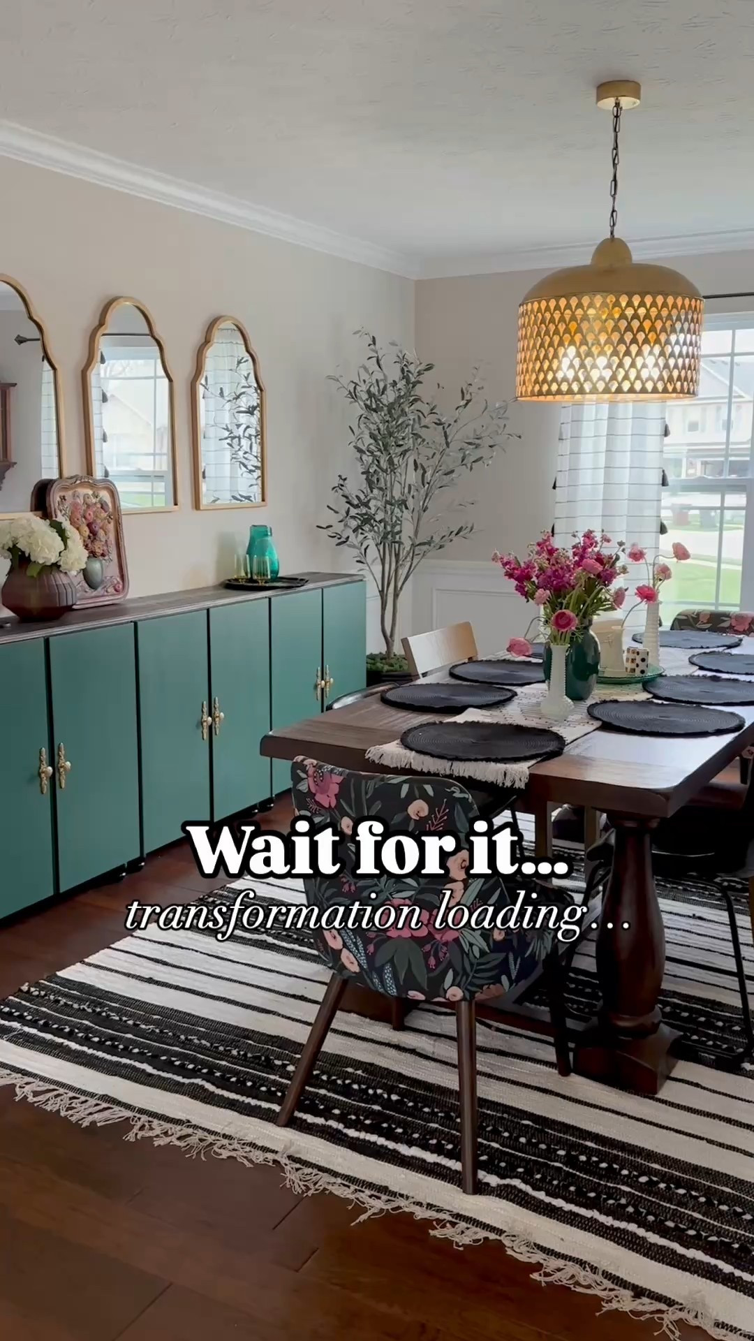 We turned our unused dining room into the vintage inspired speakeasy of our dreams! We painted everything English Channel by @behrpaint then installed a copper tin ceiling from @americantinceilings added tons of fun vintage and new details like paintings, chandeliers, rugs & curtains and a dining table by @transformertable that extends from seating 4 people to 12 people so we can still host large gatherings (I linked a Walmart look for less)! We used IKEA Ivar cabinets, @fusionmineralpaint , peel & stick wallpaper & marble floor tiles to create a storage cabinet that is on casters so it pulls out to be a bar & pushes back against the wall when not in use! The designer look for less brass barstools adjust from dining table height to bar height for additional seating being the bar or at the dining table! 

#LTKHome #LTKFindsUnder50 #LTKStyleTip