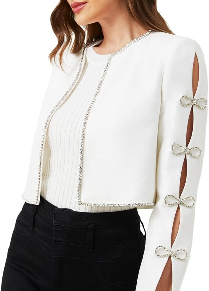 Ladies Beaded Evening Jackets Rhinestone Crystal Bow Open Front Crop Jacket Women Blazer Jackets | Amazon (US)