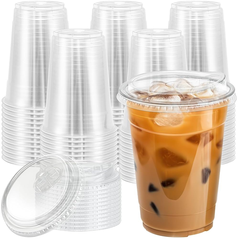 16 oz 100 Pack Clear Plastic Cups with Lids, Sturdy Iced Coffee Cups with Sip Lids, Disposable Fo... | Amazon (US)
