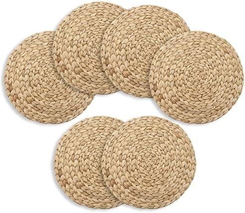 6 Pack, Natural Hand-Woven Water Hyacinth Placemats, Weave Round Place mats, Braided Straw Table ... | Amazon (US)