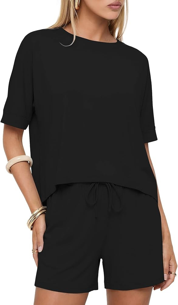 Darong Women's 2 Piece Lounge Sets Summer Matching Outfits Short Sleeve Tops Drawstring Shorts Lo... | Amazon (US)