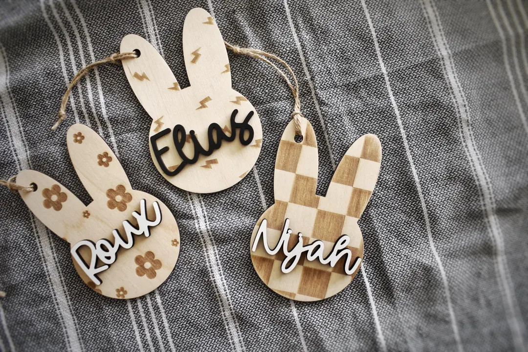 Personalized Bunny-shaped Easter Basket Name Tag – Custom Engraved Wooden Name Tag – Checkere... | Etsy (US)