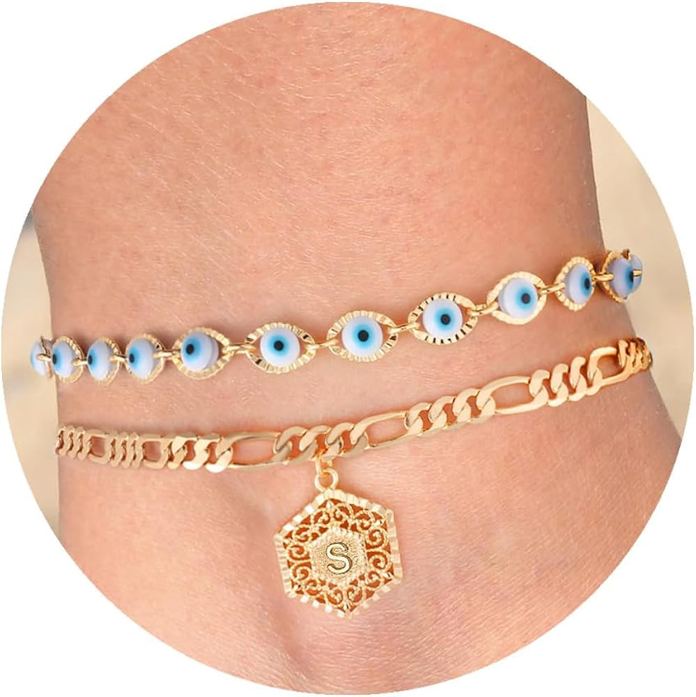 IEFSHINY Evil Eye Ankle Bracelets for Women, 14K Gold Plated Layered Anklet Evil Eye Anklet for W... | Amazon (US)