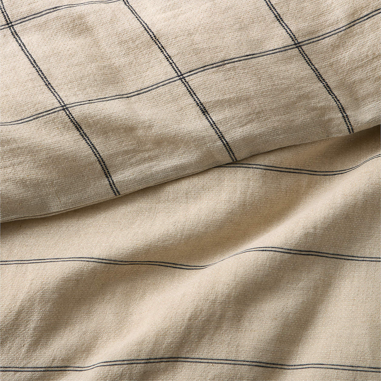Aire Natural EUROPEAN FLAX -Certified Linen Pinstripe Arcadia Tan and Midnight Navy Blue Grid Rev... | Crate & Barrel
