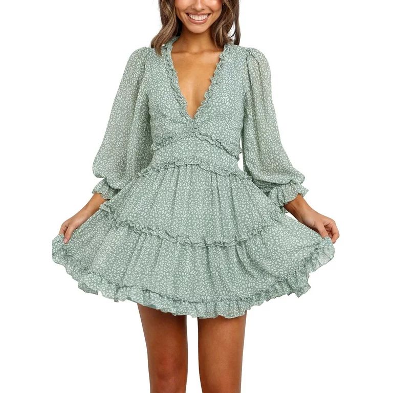 Dokotoo Womens Green Deep V-Neck Long Sleeve Floral Print Ruffle Hem Dress Size Small US 4-6 | Walmart (US)
