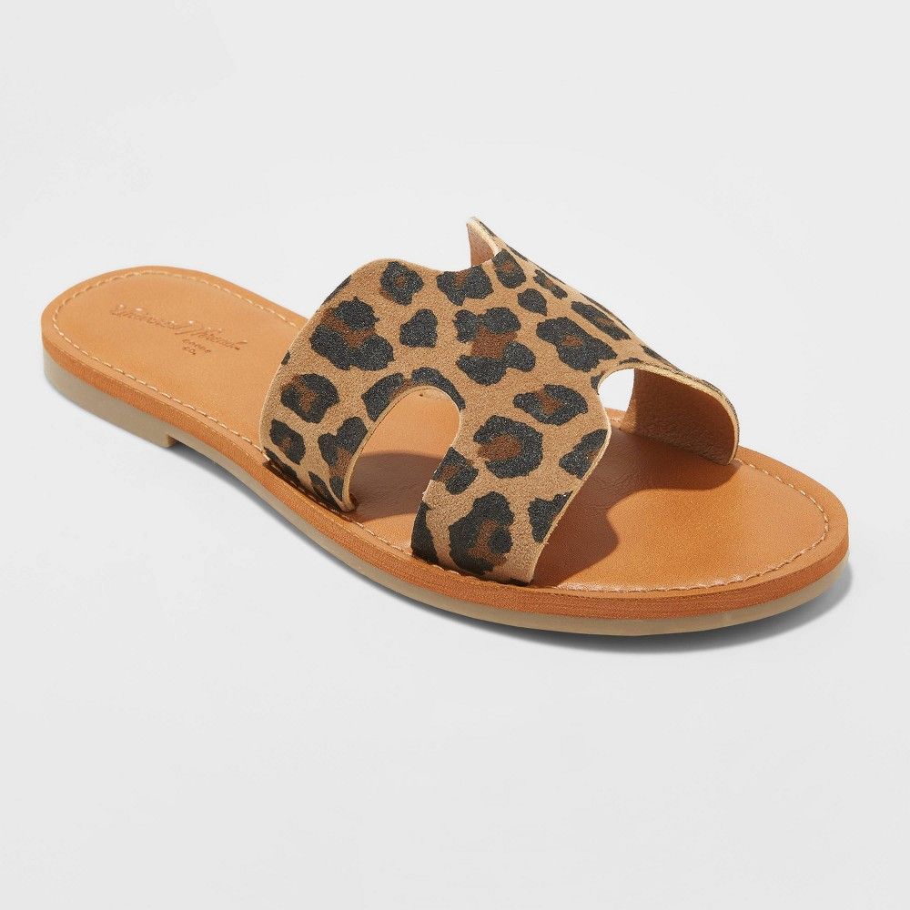 Women's Jenny Faux Leather Leopard Print Slide Sandals - Universal Thread™ Brown | Target