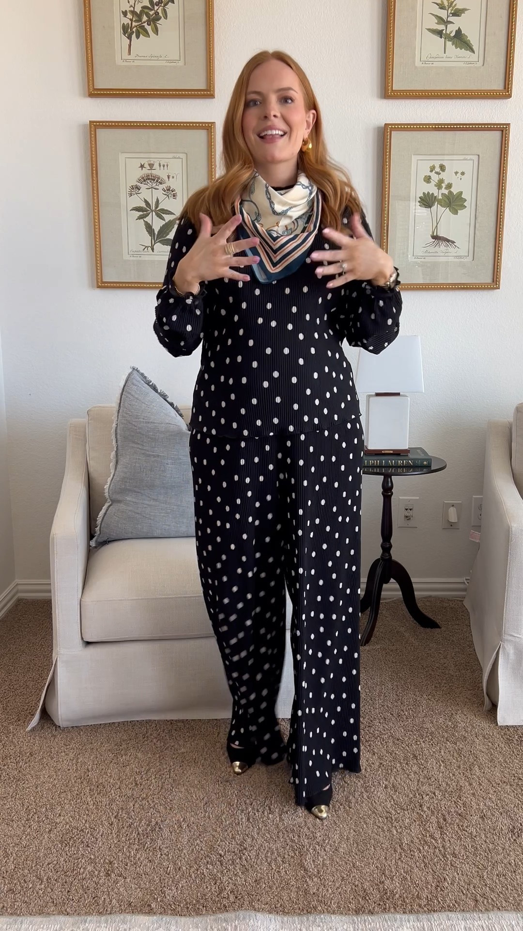 Mixing patterns is so fun for spring! I am in love with this whimsical polka dot set and adding in the colorful scarf makes the entire outfit so playful. 

#LTKWatchNow #LTKBump #LTKStyleTip