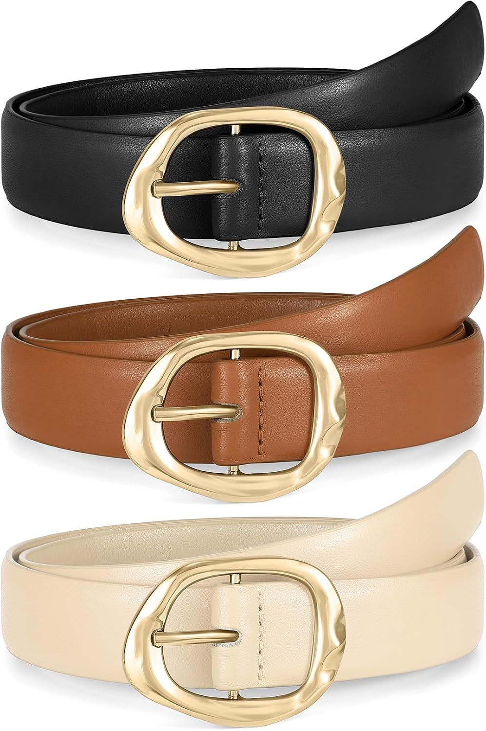 WHIPPY 3 Pack Women Leather Belts Ladies Fashion Casual Waist Belt For Jeans Pants With Liquid-Shaped Gold Buckle | Amazon (US)