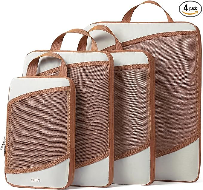 CLUCI 4-Piece Set Compression Travel Bags, Nylon Fabric, Beige With Brown, 17" x 13" x 4.1" XL, 1... | Amazon (US)