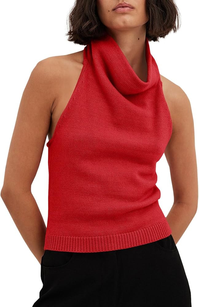 Langwyqu Womens Turtleneck Sweater Vests Sleeveless Knit Halter Tank Tops Sexy Loose Cami Shirts | Amazon (US)