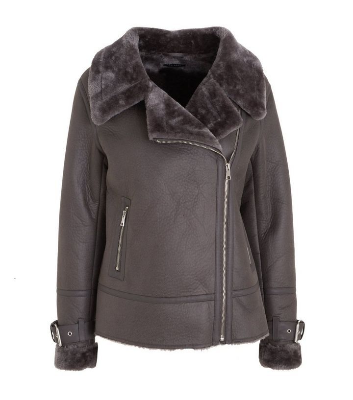 Dark Grey Faux Fur Lined Leather-Look Aviator Jacket 
						
						Add to Saved Items
						Remov... | New Look (UK)