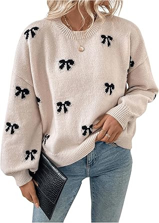 Women's Y2K Bow Print Sweater Crewneck Long Sleeve Drop Shoulder Knit Pullovers Sweaters | Amazon (US)