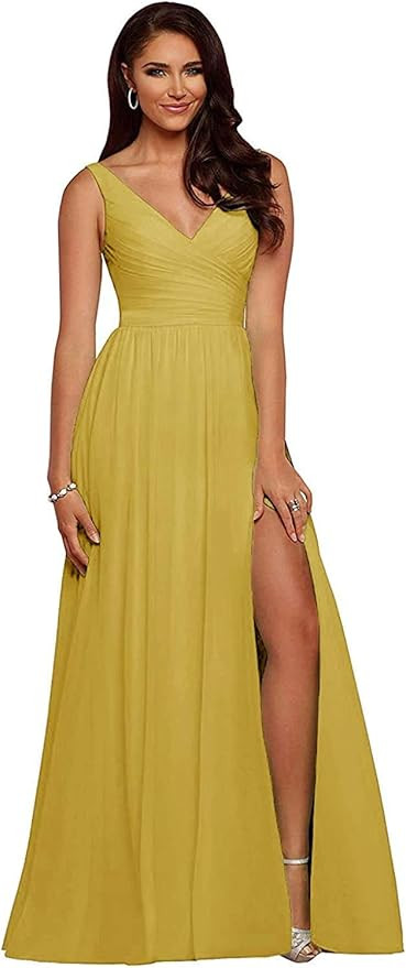 V-Neck Bridesmaid Dresses for Women 2024 Side Slit Prom Gown Sleeveless Chiffon Long Wedding Gues... | Amazon (US)