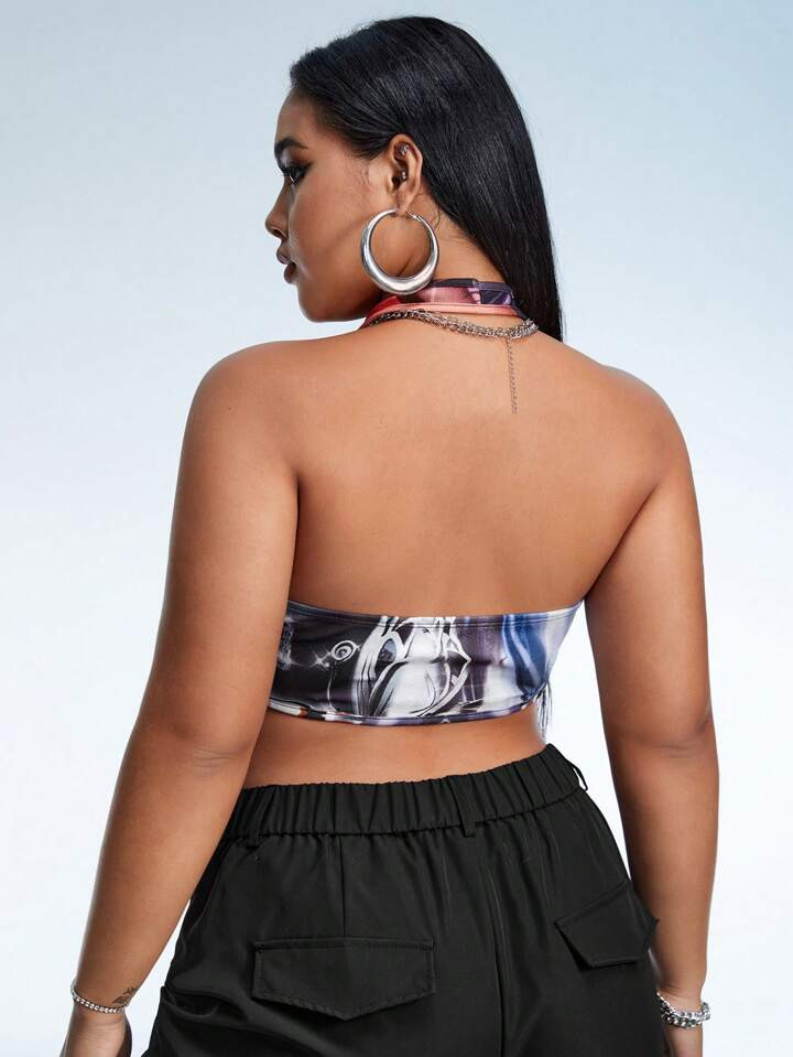 SHEIN ICON Plus Figure and Letter Graphic Bandana Hem Backless Crop Halter Top | SHEIN