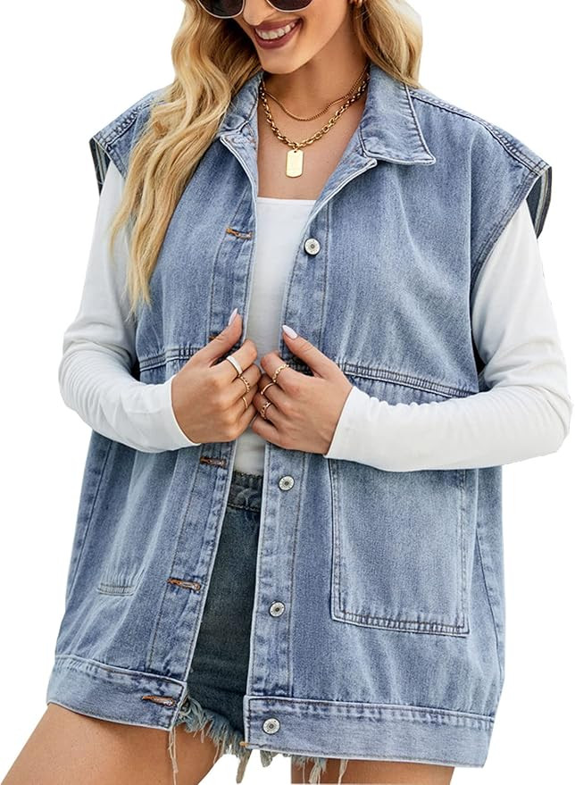 Perbai Women's Oversized Denim Vest Mid Long Jean Vest Distressed Sleeveless Denim Jacket | Amazon (US)