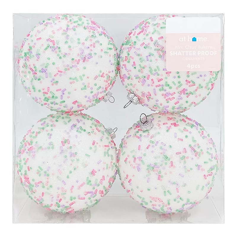 Mrs. Claus' Bakery 4-Count Pastel Beaded White Shatterproof Ball Ornaments, 3.9" | At Home