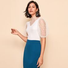 Polka Dot Flocked Mesh Puff Sleeve Lace Detail Top | SHEIN