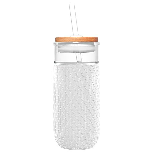 Ello Devon 18oz Glass Tumbler with Straw, Friction Fit Bamboo Wood Lid and Silicone Sleeve | Perfect for Iced Coffee, Tea, and Smoothies | White | Amazon (US)