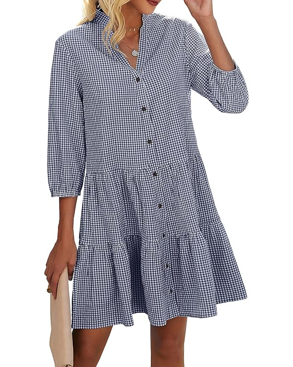 CCTOO Women's Summer Dresses Casual V Neck Button Down 3/4 Sleeve Floral Print Loose Flowy Shirt ... | Amazon (US)